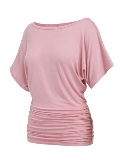 OUTBALL Blusa de mujer de manga corta con cuello de barco, con fruncido lateral, de ajuste holgado y estilo casual
