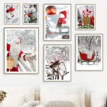 1 幅帆布画北欧海报雪域森林驯鹿圣诞老人圣诞树墙壁艺术画适用于客厅装饰无框架 - 彩色 - 查看 6