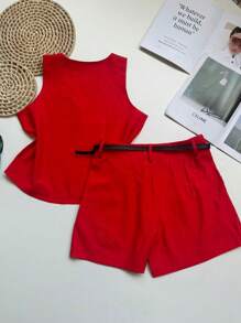 Marrant Women's Sleeveless T-Shirt And Belted Shorts Set - 紅色 - 查看 2