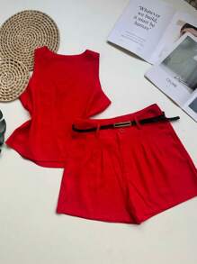 Marrant Women's Sleeveless T-Shirt And Belted Shorts Set - 紅色 - 查看 1
