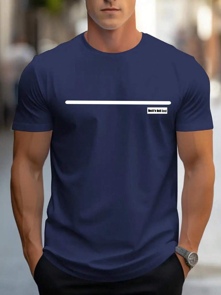 Men's Short Sleeve Printed Cotton T-Shirt ROCK - Navy Blue - View 1