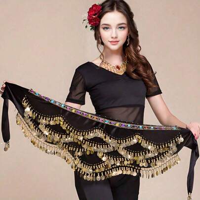 Bauchgürtel mit Wellenmuster für Frauen, süßer goldener Münzen Hüftgürtel für Bauchtanz für Frauen, Hüfttuch-Wickelrock mit Geräuschen