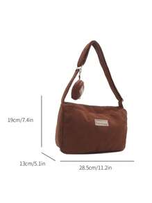 Túi Tote Retro màu trơn vải nhung, sức chứa lớn, túi đeo chéo đa năng, phong cách thiên nhiên - màu nâu - Xem 3