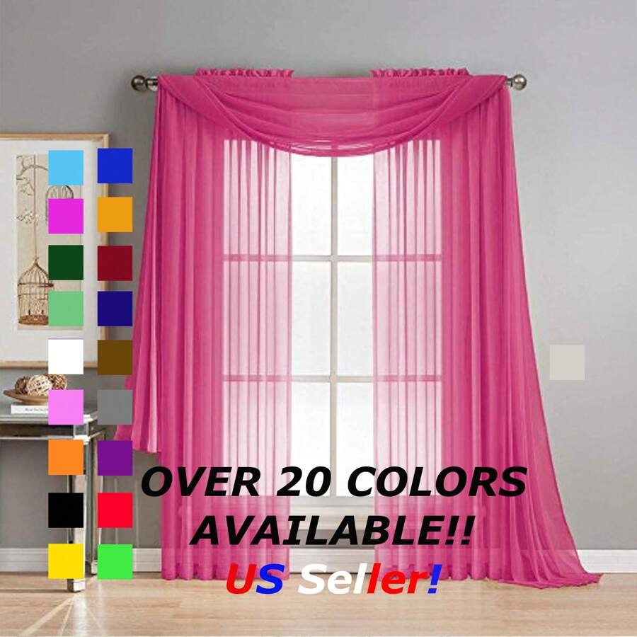 Two (2) Sheer Window Curtains Panels - Drapes Set Multiple Lengths (63", 84", 95", 108", 120" L) Rod Pocket Solid Colors - 玫紅色 - 查看 1