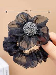 3pcs Girls' Floral Hair Accessories Set For Buns Including Beige Organza Flower Hair Elastic, Brown Flower Hair Clip, And Black Hair Tie That Are Suitable For Daily Life