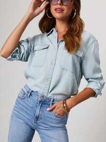 Women Denim Shirts Solid Color Turn Down Collar Long Sleeve Jean Blouses Spring Loose Casual Tops Streetwear - 淺藍色 - 查看 4