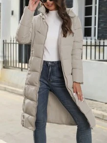 Women's Long Puffer Jacket Autumn Winter Warm Quilted Coat Long Sleeve Zip Up Jacket Fall Outerwear With Hood Streetwear Y2K Long Cardigan Hoodies - 卡其色 - 查看 2