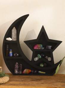 1 PC Creative Black Cute Cat Wooden Three-Layer Crystal Stone Shelf, Home, Living Room, Bedroom, Office Desktop Decoration Decoration, Natural Crystal Stone Shelf Best Gifts Birthday