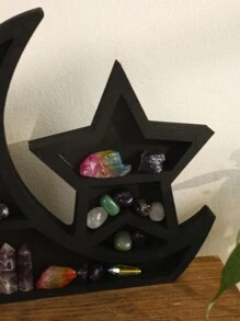 1 PC Creative Black Cute Cat Wooden Three-Layer Crystal Stone Shelf, Home, Living Room, Bedroom, Office Desktop Decoration Decoration, Natural Crystal Stone Shelf Best Gifts Birthday