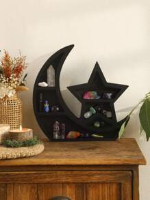 1 PC Creative Black Cute Cat Wooden Three-Layer Crystal Stone Shelf, Home, Living Room, Bedroom, Office Desktop Decoration Decoration, Natural Crystal Stone Shelf Best Gifts Birthday