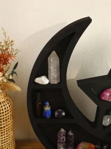 1 PC Creative Black Cute Cat Wooden Three-Layer Crystal Stone Shelf, Home, Living Room, Bedroom, Office Desktop Decoration Decoration, Natural Crystal Stone Shelf Best Gifts Birthday