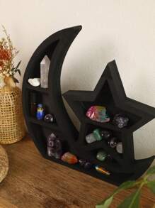 1 PC Creative Black Cute Cat Wooden Three-Layer Crystal Stone Shelf, Home, Living Room, Bedroom, Office Desktop Decoration Decoration, Natural Crystal Stone Shelf Best Gifts Birthday