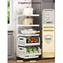 Höhenverstellbares Küchenlagerregal, multifunktionaler Boden-Topf-Pfannenhalter mit Gemüsekorb & Rädern