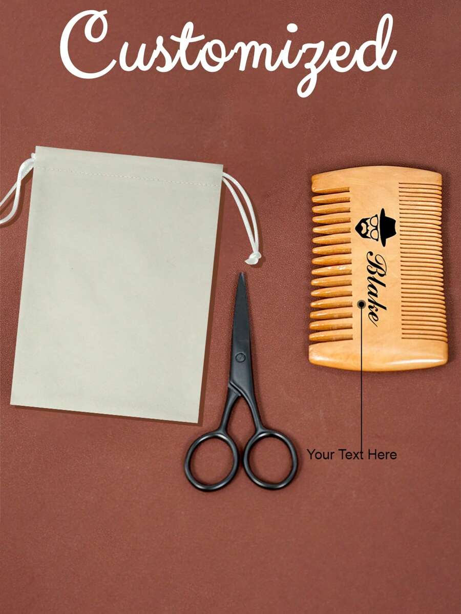 Bộ 3 sản phẩm chăm sóc râu tùy chỉnh theo yêu cầu, 1 lược chải râu & 1 kéo làm đẹp & 1 túi rút, Quà tặng râu, lược chải râu tùy chỉnh, Bộ cọ gỗ cao cấp dành cho nam - Quà tặng lý tưởng cho bố, chồng và bạn trai - Chăm sóc râu tuyệt vời! Tên tùy chỉnh được khắc bằng laser, - Nhiều màu - Xem 1