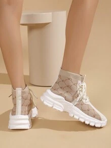 24pcs Women Fashion Color Contrast Letter Pattern Lightweight Road Running Sneakers - Apricot - View 4