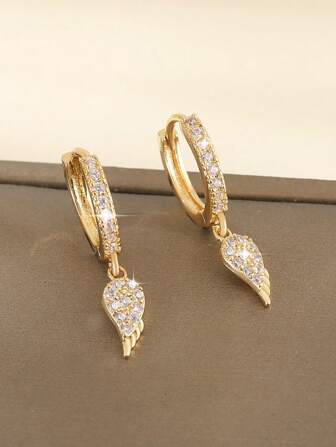 1pair Luxury Copper Inlaid Angel Wing Design Dangle Earrings, Fashion Gift For Ladies