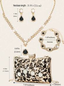 LETODE 4 件水晶首饰套装 闪亮项链耳环手链手镯套装 女士晚宴包 花朵水钻闪亮手拿包 派对钱包 新款闪亮优雅女士时尚晚宴包 手提包女士手提晚宴金属链条包斜挎包婚礼派对包 女士和女孩 - 黑色 - 查看 8