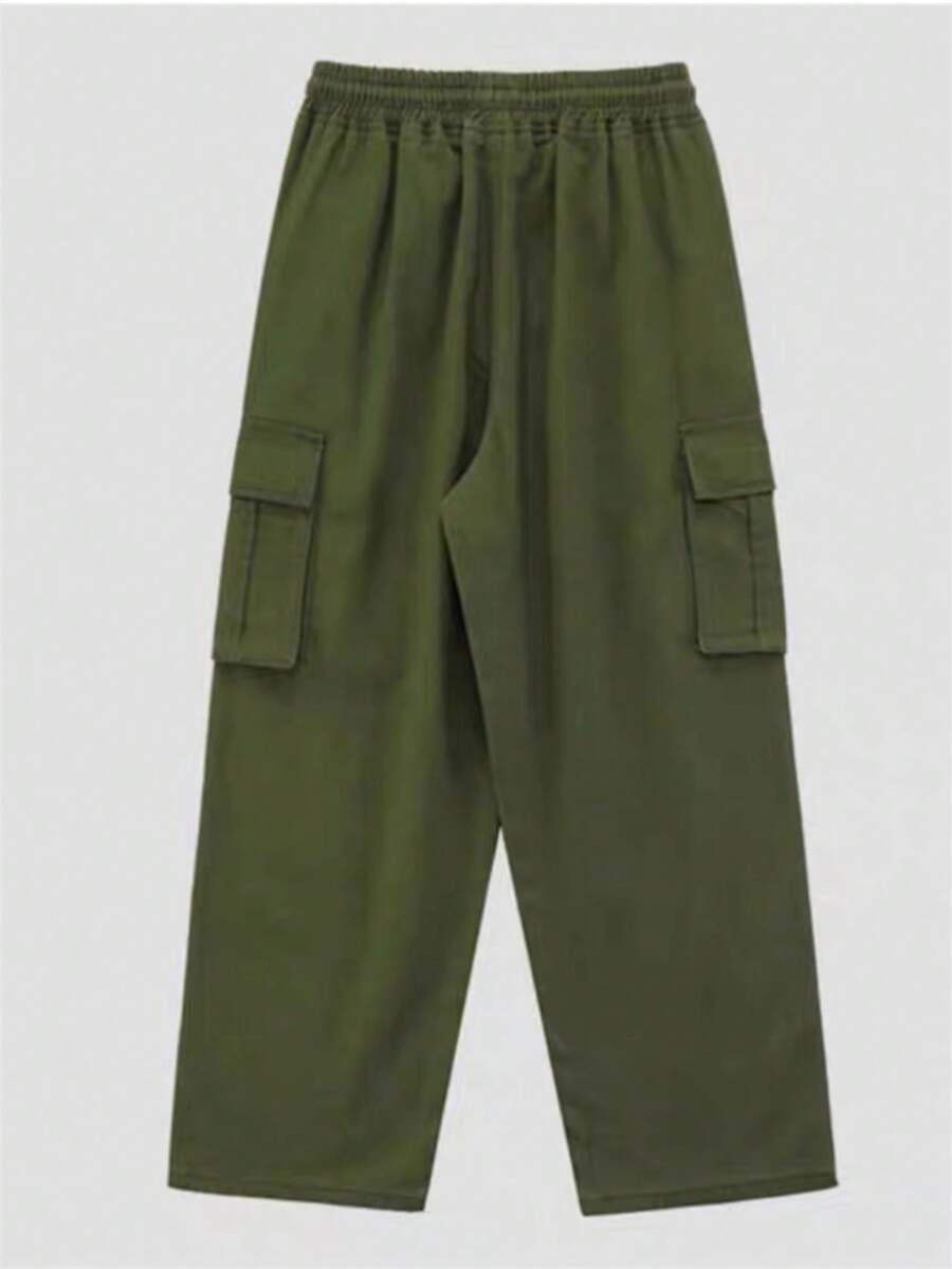 Unisex Cargo Pants Wide Leg Twill With Pockets, Loose, Cozy, - Army Green - View 1