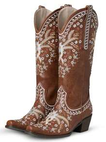 Cowgirl Western Women Embroidered Boots Flower Design Square Toe High Heel Mid Calf Shoes Luxury Retro Ridding Winter Boots