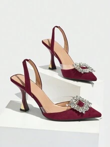 Women's Rhinestone Decor Pointed Toe Slingback High Heel Shoes, Elegant And Comfortable, Suitable For Formal Party, Banquet, Gala, Autumn/Winter, Burgundy Valentines
