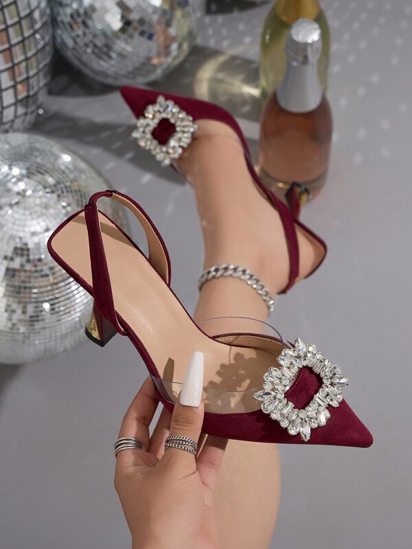 Women's Rhinestone Decor Pointed Toe Slingback High Heel Shoes, Elegant And Comfortable, Suitable For Formal Party, Banquet, Gala, Autumn/Winter, Burgundy Valentines