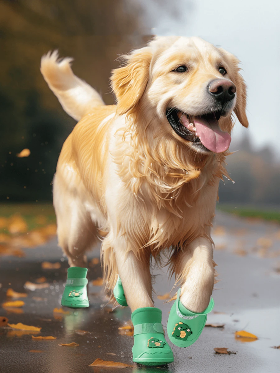 4pcs/Set Yellow Cartoon Dog Silicone Rain Boots, Waterproof Outdoor Shoes For Golden Retriever, Labrador And Other Small/Medium Pet Dogs