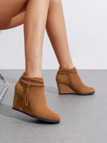 Women's High Wedge Ankle Boots Fashion Bootie With Braided Straps Tassels Warmth And Comfort Short Booties Great For Commuting, Dates, Holidays, And Everyday Wear - 棕色/絨面革 - 查看 3