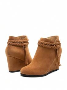 Women's High Wedge Ankle Boots Fashion Bootie With Braided Straps Tassels Warmth And Comfort Short Booties Great For Commuting, Dates, Holidays, And Everyday Wear - 棕色/絨面革 - 查看 6