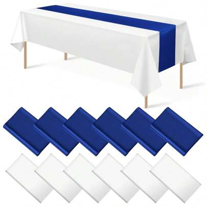 12 szt. satynowych bieżników stołowych 12x108 cali i plastikowych obrusów 54x108 cali w kolorze królewskiego błękitu i bieli, jednorazowy prostokątny obrus na przyjęcie weselne, przyjęcie panieńskie, rocznicę urodzin, dekoracje