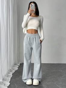 女士休闲纯色弹力腰带口袋宽松喇叭裤，浅灰色女士运动裤，适合街头、日常穿着、度假、派对、毕业典礼、生日、复活节、母亲节等春季场合。 - 淺灰色 - 查看 5