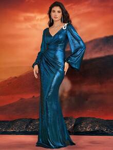 XUIBOL Váy dạ hội đuôi cá dài tay đính sequin cho nữ dự tiệc & dạ hội (cao cấp), váy dạ hội, cho khách dự tiệc cưới, tốt nghiệp, tiệc tối - Màu xanh ngọc - Xem 4