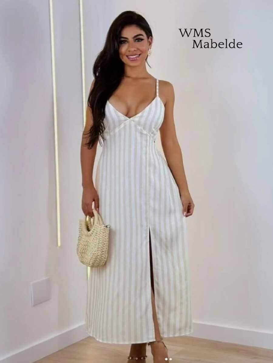 MABELDE Women's Long Striped Linen Dress With Side Slit Thin Straps Deep V-Neckline And Open Back Light And Elegant Summer And New Year's Eve For The End Of The Year - Màu Hồng baby - Xem 1