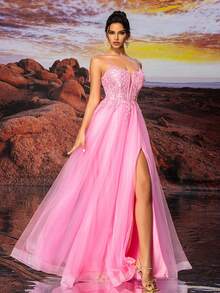 Rosa Tüll Slip Kleid, farbenfroher und schöner Kleid mit unterschiedlichen Farben von Pailletten, lebensecht bestickt und leuchtet im Licht, für Teenager A-Linie bodenlanges Ballkleid, Abendkleid für festliche Anlässe, elegantes halbformelles Abschlussballkleid, für Geburtstag, Hochzeitsgast, Abschlussball - Pink - Übersicht 5