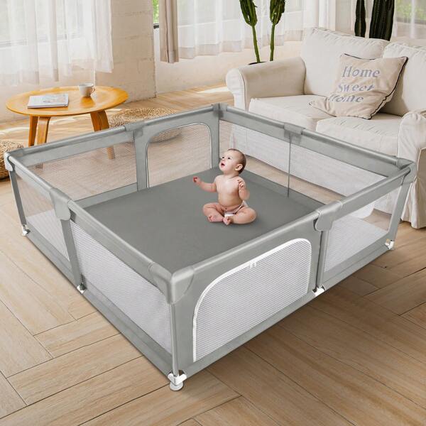  Sour Lemon Baby Playpen For Baby And Toddlers, Kid's Fence With Anti-Collision Foam And Breathable Mesh, Indoor Kids Activity Center, Including 50 Ocean Balls Y 4 Pull Rings