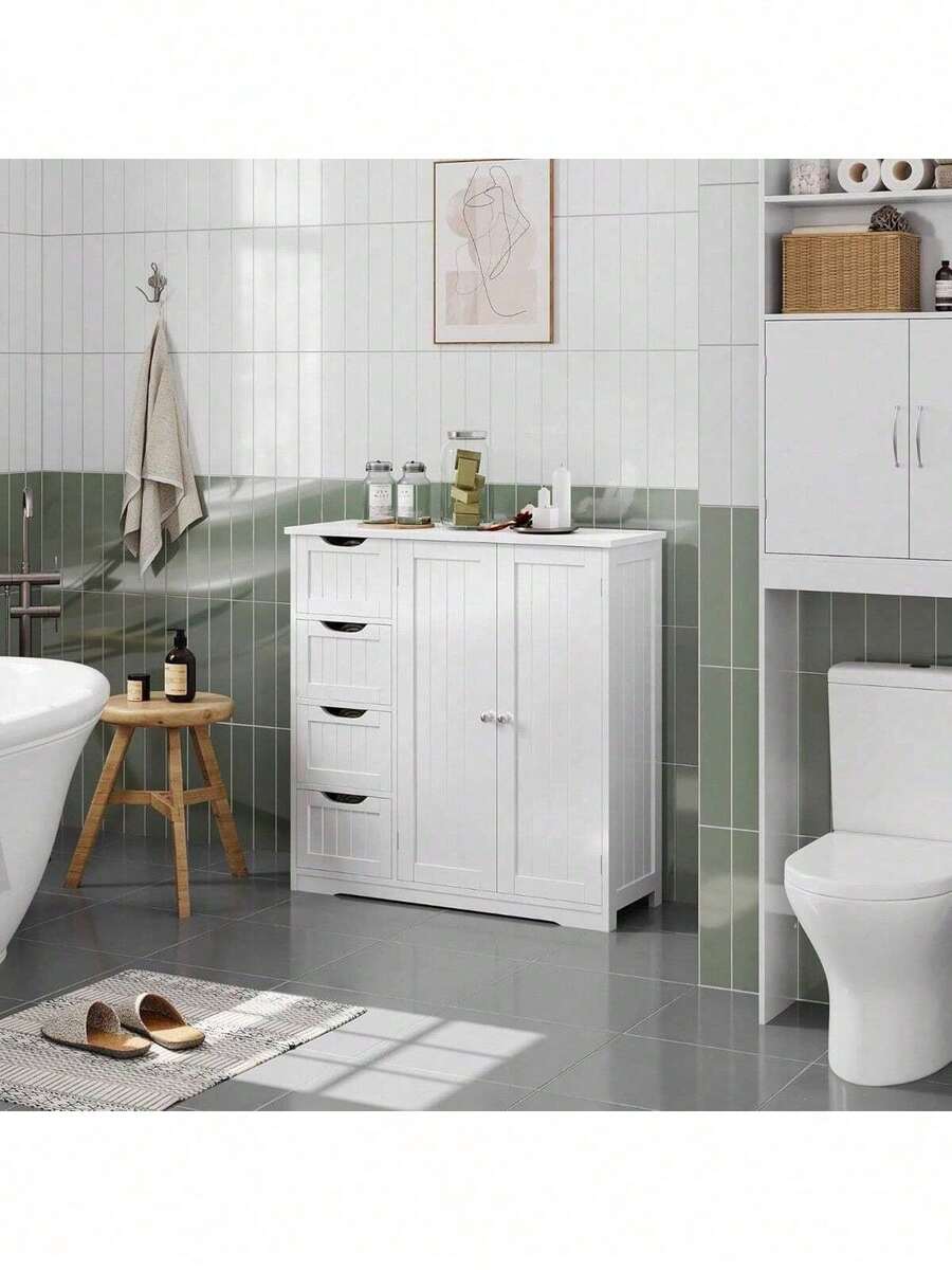 Wooden Bathroom Floor Side Storage Organizer With 4