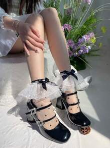 1 双女士洛丽塔风格白色中筒袜（带黑色蝴蝶结） - 白色 - 查看 1