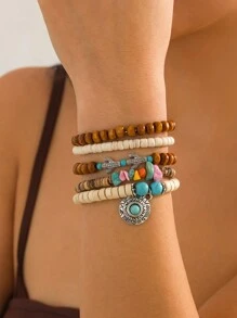 7 件波西米亚风格仿绿松石珠子、椰子壳珠子手链、复古时尚节日派对休闲几何吊坠手链，适合女士 - 7件套 - 查看 3