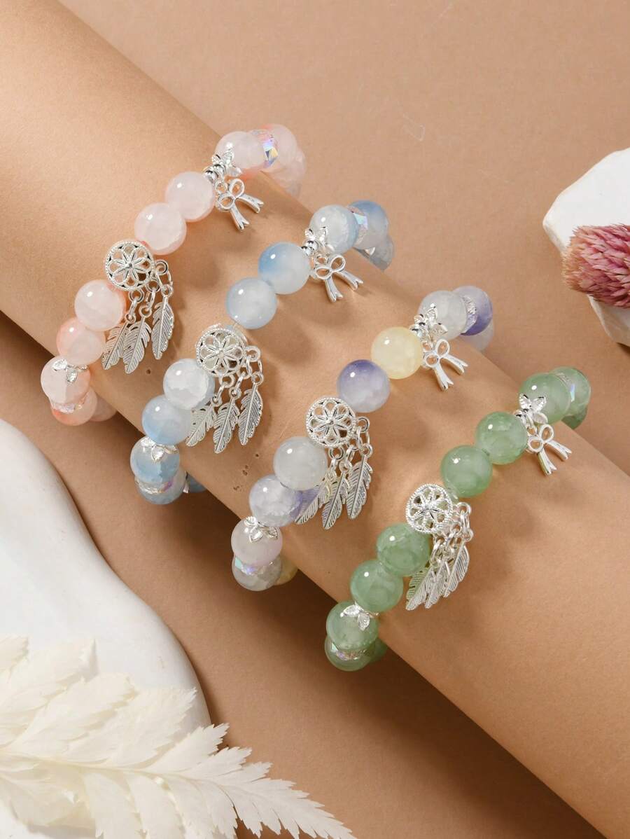 4pcs Handmade Boho Crackle Glass Butterfly & Feather Dreamcatcher Beaded Bracelets For Women,Suitable For Girls Festival Gifts, Handcraft Products May Have Color Variance
