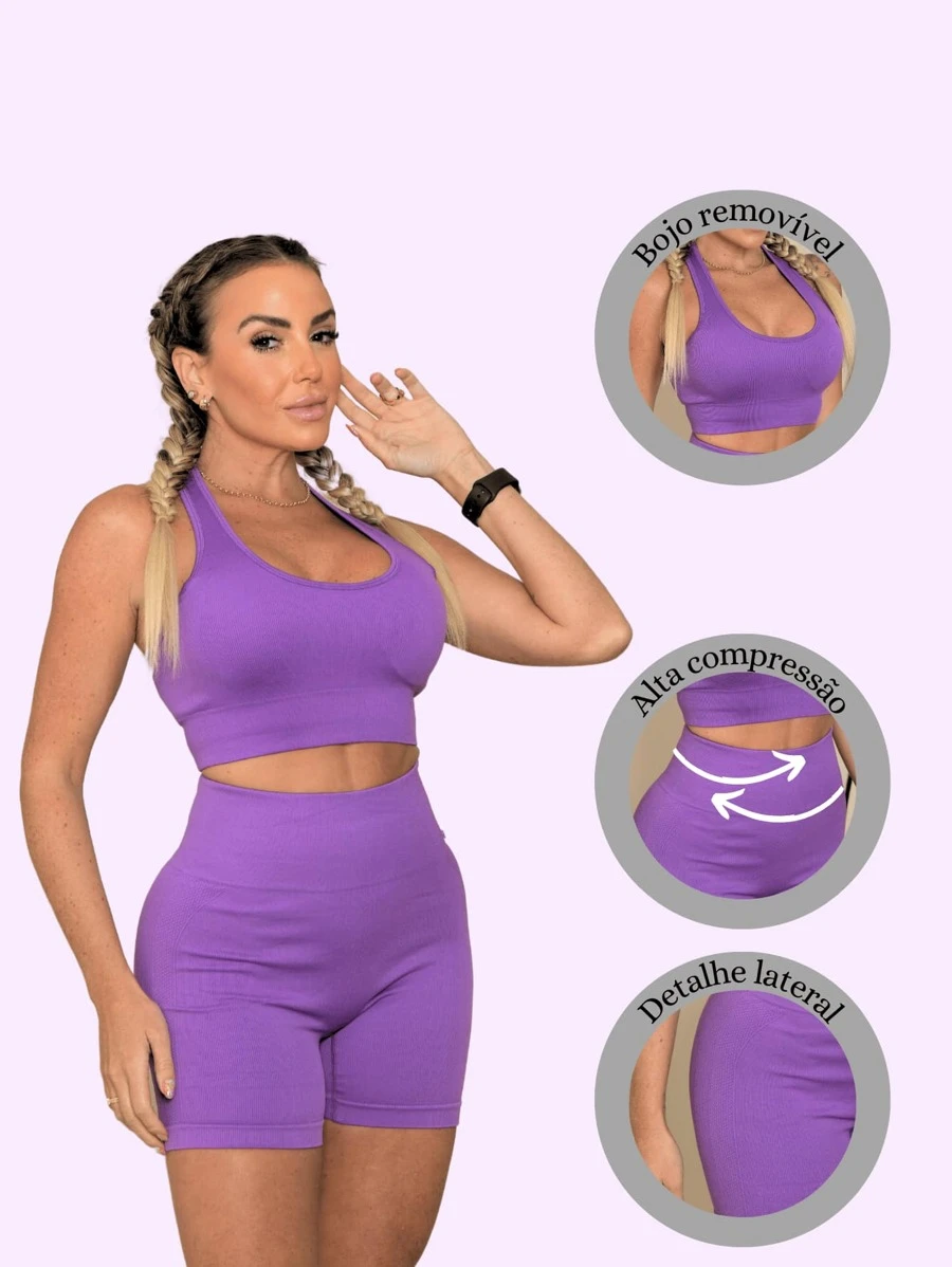 Seamless Fitness Set: Top With Removable Pads + Shorts With Side Detail - Màu tím - Xem 1