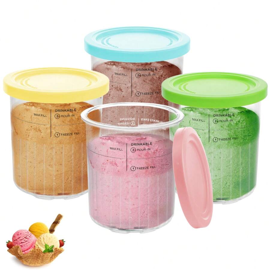 4-Pack Ice Cream Containers Compatible With Ni-Nja Creami Series Ice Cream Maker, Replacement Creami Pints Containers And Lids, Dishwasher Safe - ONLY for Ni-nja Creami Deluxe NC501UK, NC500 Series - View 1