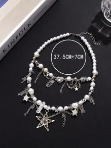 BOCAR 1 件 Emo Grunge 配饰银星卡哇伊可爱项链 Y2K 多层珍珠串珠流苏吊坠项链 适合女士，新年派对 - 多層項鍊 - 查看 7