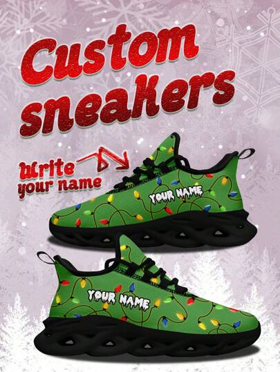Men's Christmas Custom Name Sneakers, Christmas Colored Lights Designed Name Customization Lightweight Comfortable Soft Bottom Sneakers For Men, Gym Training Breathable Tennis Shoes Christmas Gift For Mom/Dad/Her/Him/Girlfriend/Boyfriend/Wife/Husband/Friend