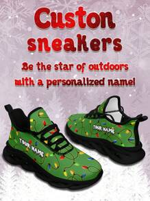 Men's Christmas Custom Name Sneakers, Christmas Colored Lights Designed Name Customization Lightweight Comfortable Soft Bottom Sneakers For Men, Gym Training Breathable Tennis Shoes Christmas Gift For Mom/Dad/Her/Him/Girlfriend/Boyfriend/Wife/Husband/Friend - Black - View 2