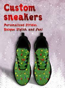 Men's Christmas Custom Name Sneakers, Christmas Colored Lights Designed Name Customization Lightweight Comfortable Soft Bottom Sneakers For Men, Gym Training Breathable Tennis Shoes Christmas Gift For Mom/Dad/Her/Him/Girlfriend/Boyfriend/Wife/Husband/Friend - Black - View 3