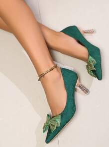 Women's Spring/Autumn New Fashionable Pointed Toe Flats, Sweet Bowknot High Heels, Elegant Metal Plated Stilettos, Satin Low Cut Dress Shoes - Green - View 3