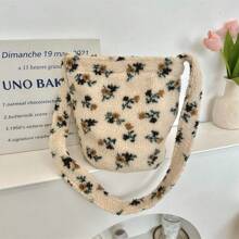 Plush Bucket Bag Crossbody For Women, Retro Plaid Color Block, Large Capacity, Fall/Winter New Arrival
