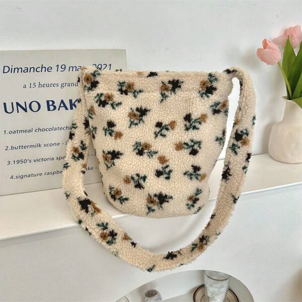 Plush Bucket Bag Crossbody For Women, Retro Plaid Color Block, Large Capacity, Fall/Winter New Arrival