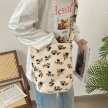 Plush Bucket Bag Crossbody For Women, Retro Plaid Color Block, Large Capacity, Fall/Winter New Arrival