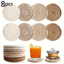 4pcs/8pcs Woven Drink Coasters, Round Absorbent Beverage Cup Mats, Handmade Fabric Coasters, Absorbent Coaster Set With Tray, Bohemian Style (Excluding Rack)