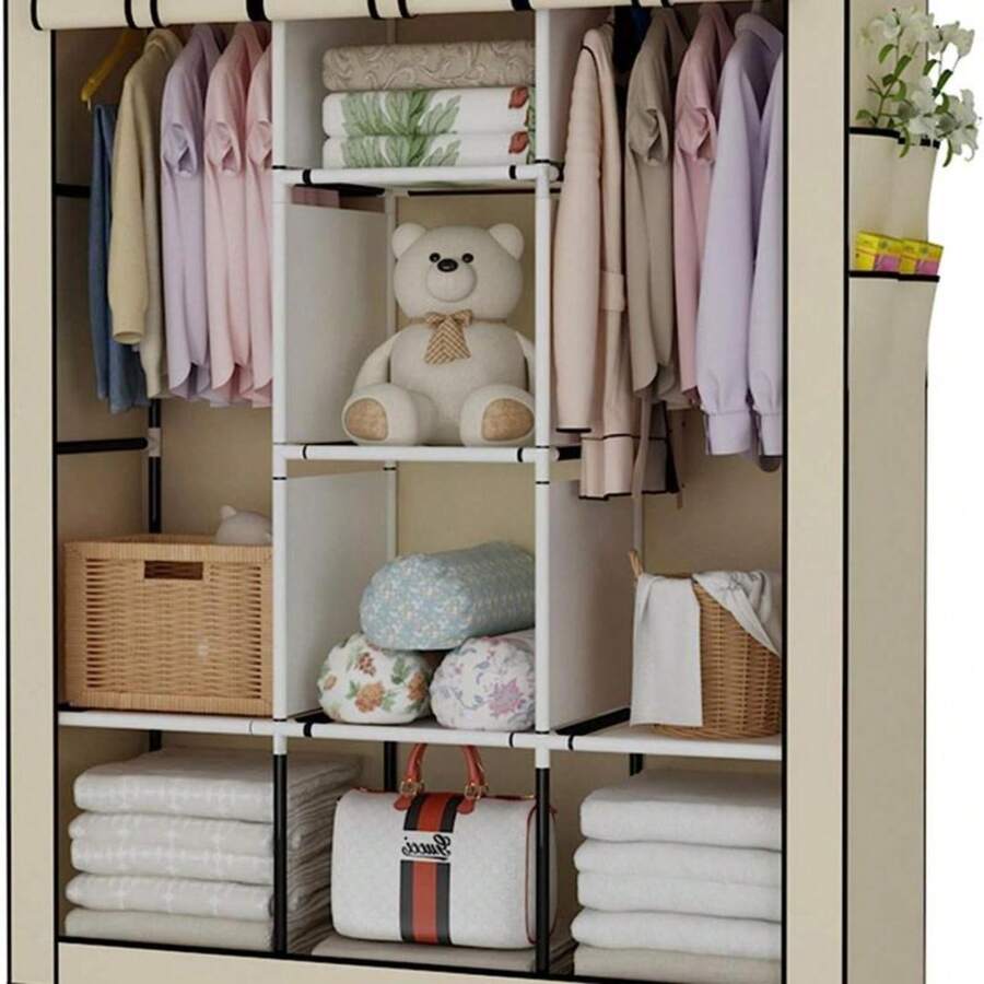 UDEAR Armario portátil organizador de ropa con 6 estantes, 2 secciones para colgar y 4 bolsillos laterales, cubierta de tela no tejida - Beis - Ver 1
